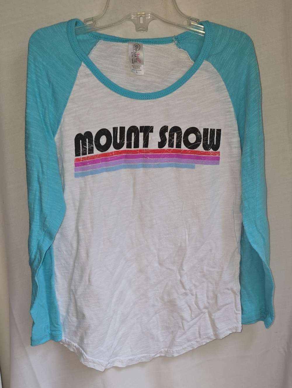 Mount Snow Kids Raglan Long Sleeve Tee in Turquoise and White